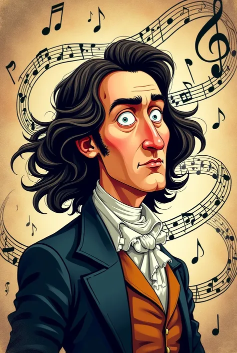 Generates image of Chopin, surrounds the background with well-defined musical staves, in comic style and give it a dynamic and colorful feel.