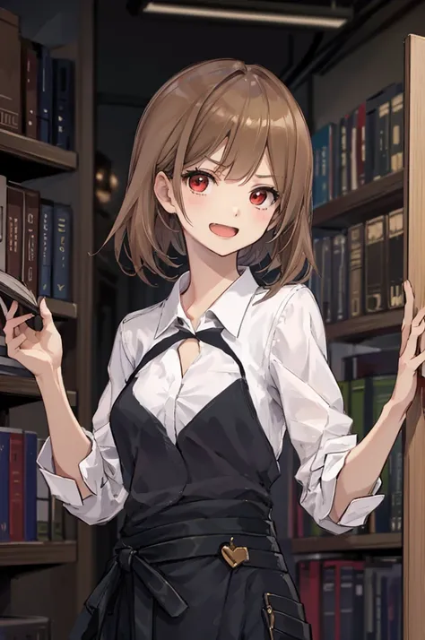 （（（masterpiece、Highest image quality、highest quality、highly detailed unity 8ｋwallpaper）））、（（Illustration of one girl、upper body））、（（（beautiful girl）））、（librarian）、（brown hair、messy hair、sidelocks：1.2、red eyes、crazy smile）、（（（flat chest）））、（（（monocle）））、poc...