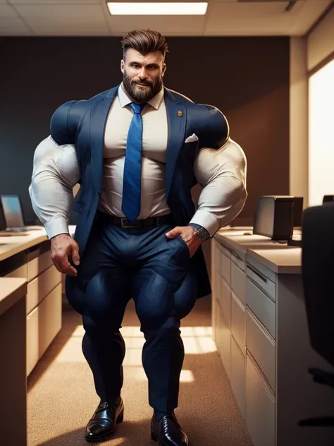 Seductive full body shot, 25yo man, only one man, an English hyper huge muscular man in (a slightly smaller shiny black business suit 2.5), He wears a white shirt, a tie, and a business suit. He is standing with slightly smiling, He stands on the office. R...