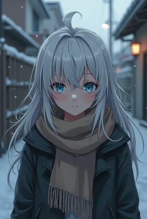 A long, messy white anime-style teenage girl with light blue eyes and a scarf, with a serious face, arrives at his apartment on a winter afternoon.