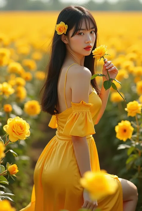 can you make me a realistic high resolution 8k image of a woman dressed in sexy short silk yellow full body yellow high heels she looks walking among the yellow roses a field of yellow roses she holds in her right hand this one picking flowers she wears on...