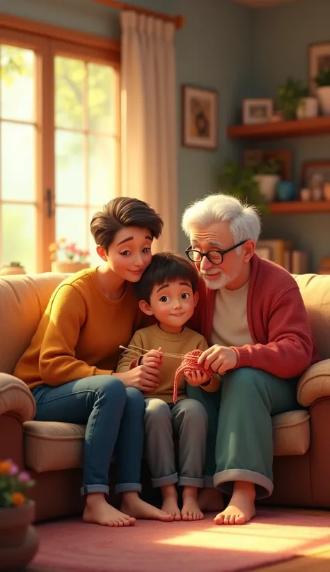 A pixar disney style of a georgous parents with their son visiting grandma