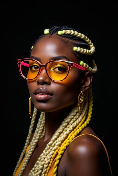 side view, look into the camera, professional photography, model pose, flirty look, smile, portrait of a black pretty woman wearing yellow and white braids, and neon glasses, black background