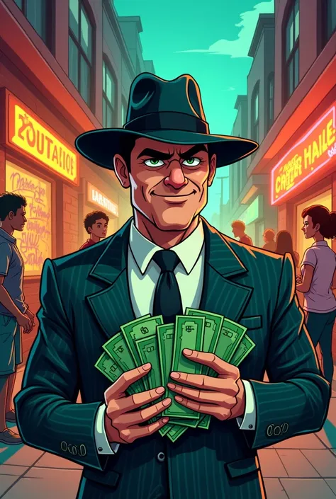 Dynamic cartoon illustration, suave mafia man, slicked-back black hair, oversized fedora shadow casting playful contours, crisp pinstripe suit with exaggerated proportions, confidently counting vibrant green stacks of cash, cartoon-style money with oversiz...