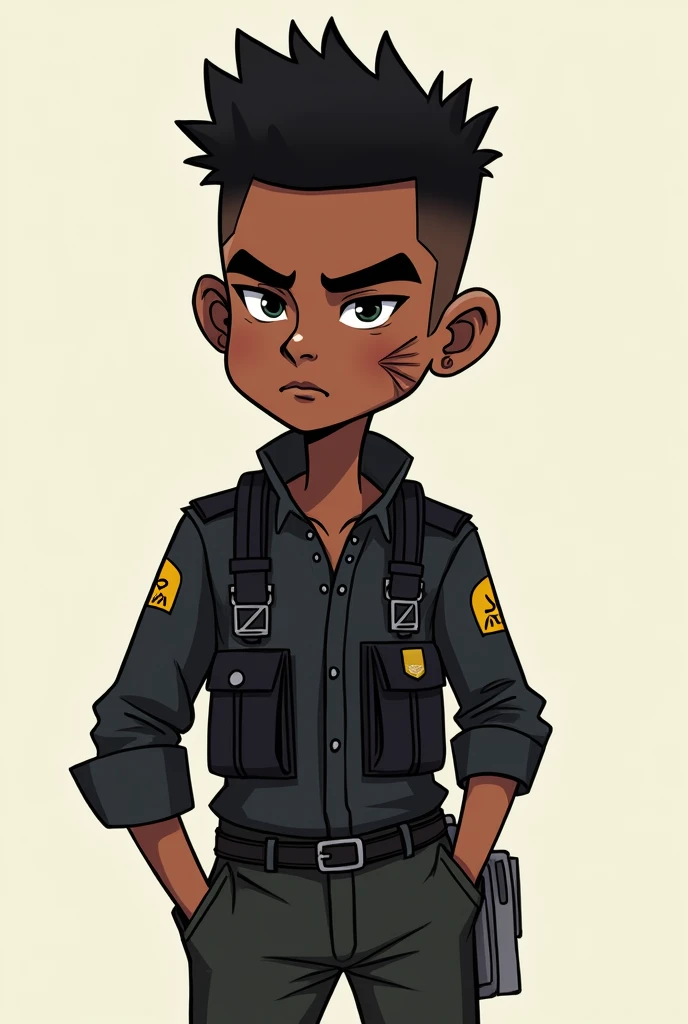 Create a cartoon style image:of a character he has black military clothes he has brown skin he has a scar on his cheek and he is from the joke black hair with a cut on the sides he is a teenager 