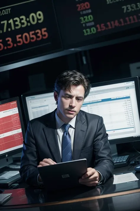 an image of a stock market trader who was successful and is now bankrupt, with background graphics.