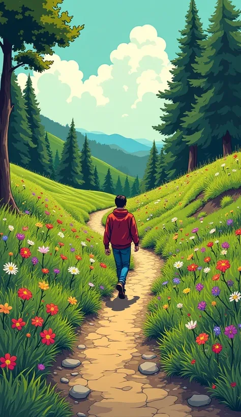 an individual is walking in a natural landscape, not realizing that his footprints are blooming behind him, symbolizing the unconscious influence his actions have on the environment and people observing him.
Flowers in footprints can represent the positive...