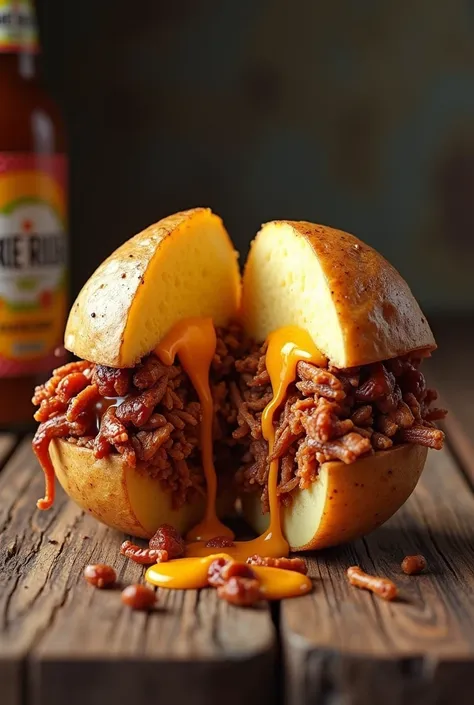 Create an image of a baked potato in the shape of a burger base, It must be cut in half containing the filling with lots of melted cheese and shredded ribs..
