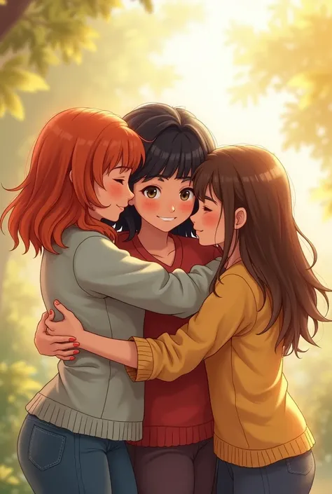 Drawing of three friends hugged on their backs, ONE WITH MEDIUM RED HAIR, ANOTHER WITH SHORT BLACK HAIR AND THE OTHER WITH LONG BROWN HAIR