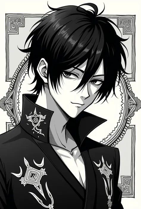 Monochrome Manga style, Handsome male Supreme Kai character, striking black hair styled in an expressive emo haircut that elegantly covers one eye, deep dark brown eyes radiating mystery and allure, dressed in ornate Supreme Kai attire with intricate patte...