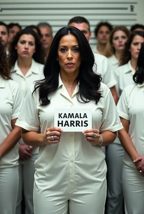 ((Kamala Harris,)) (long black hair), big , big lips ,  prison mugshot,  (prisoner lineup) , white prison  jumpsuit , holds a sign in her hand with the writing KAMALA HARRIS 