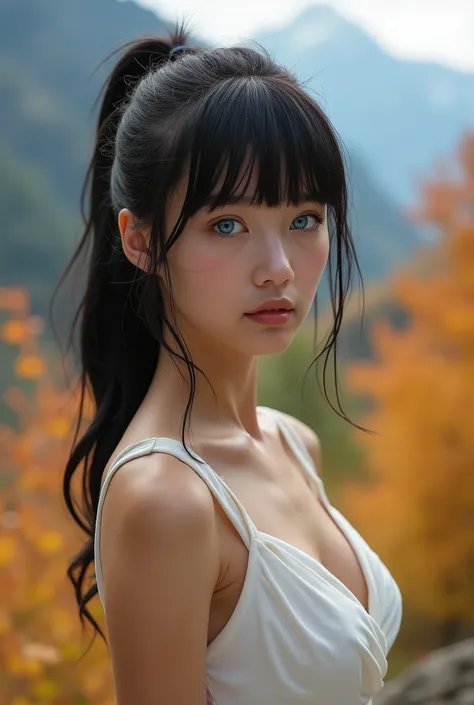 ((Top Quality)), ((Excellent)), (Detailed), ((Switzerland)), Ultra-Realistic, Stunning Environment, , ((Blue Eyes)), Black Hair, (Childish Face), ((Half-Smile)), (Ponytail), ((Close-Up)), Medium Size Breasts, ((White Tailored Fitted Dress)), ((Highlands)),...