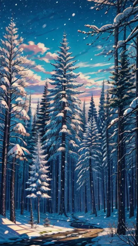 A boreal forest in winter, with towering pine trees covered in snow and a bright, crisp sky above. The stillness of the frozen landscape feels calm and serene, yet full of quiet life.