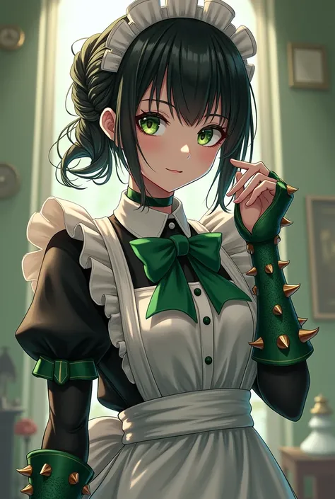 High resolution, sharp focus, Pixiv&#39;s master work, ((Intricate details)), very detailed, Yuri Alfa, 1 girl, black hair, (green bracelet, Green Gauntlets, spikes,:1.1) glasses, green eyes, maid, Single hair bun, dress, choker, bow tie, maid apron, 