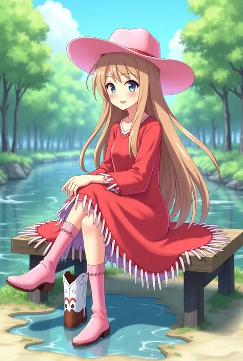 Anime girl, mimi tachikawa, long light brown hair, pink cowboy hat, red very long fringe dress with long sleeves, pink socks, sitting cross legged on bench near river, white brown Cowboy boots standing in puddle next to her