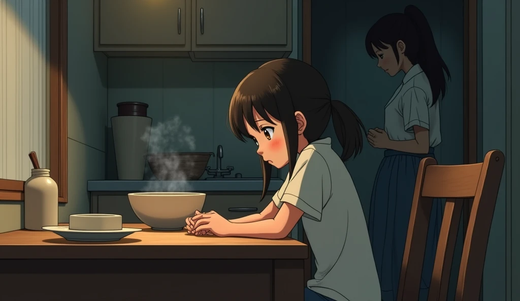 create for me the scene of a sad girl having dinner at the table, and in the background her mother washing the dishes in the sink. anime 