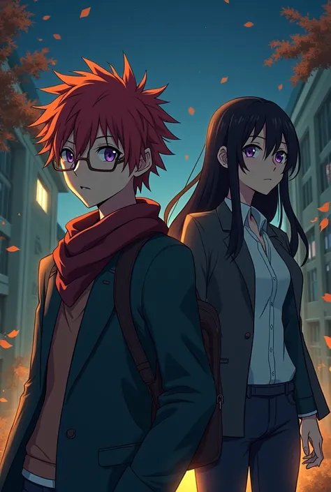 A young anime-style man with messy red hair wearing glasses and a scarf with a worried face arriving at an abandoned high school with a teacher with long black hair, Violet eyes,glasses and with nice breasts, with formal clothes,on an autumn night