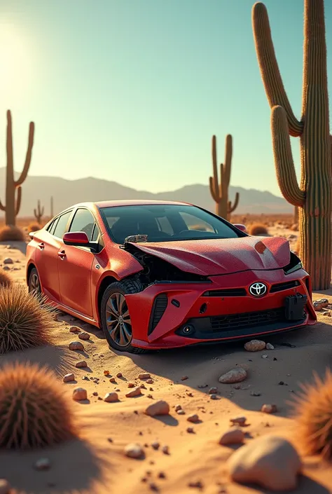 Red Toyota Prius crashed in cactus in desert in morning horizon