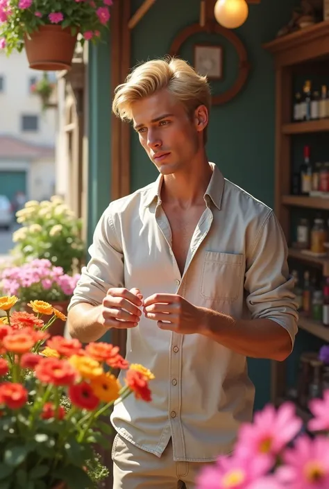 **Situation:** In this charming scene, the blonde male model with striking blue eyes is browsing through a quaint flower shop in a picturesque Italian town. Dressed casually in a light linen shirt and comfortable shorts, he exudes a relaxed yet stylish vib...