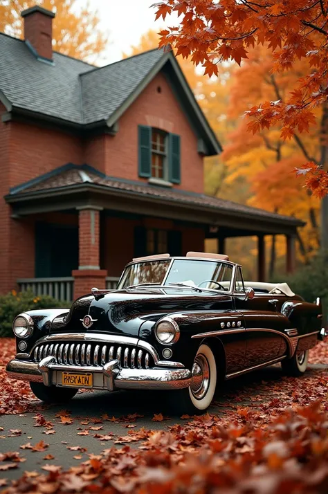 vintage black buick roadmaster convertible car parked in front of an old brick house with orange fall leaves on the trees. the beautiful scene evokes a nostalgic atmosphere with its warm tones and hyper-realistic quality, warm autumn, reminiscent of classi...