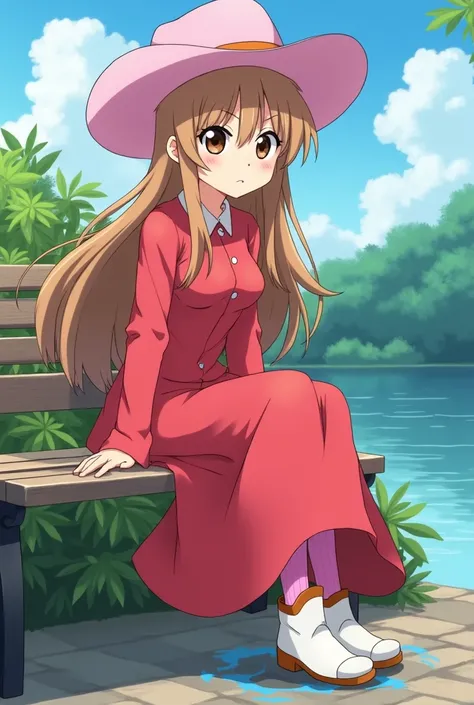 Anime girl, mimi tachikawa, brown eyes, looking annoyed, long light brown hair, pink cowboy hat, red very long fringe dress with long sleeves, pink socks, sitting cross legged on bench near river, white brown ankle boots standing in puddle next to her