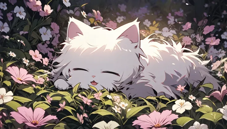 A kitten lying in the flowers ，No characters, gradually transforming in horror scene