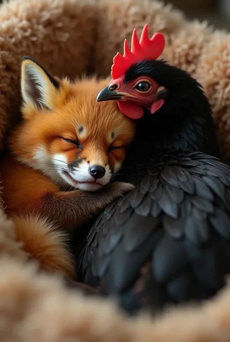 close-up, High-angle shot: A red fox cub sleeps and gently hugs a black chicken,they hug in a warm, cozy bed. The fox has fluffy red fur, while the hen has shiny beautiful black plumage. They are fast asleep. background blurred. The photo was taken in warm...