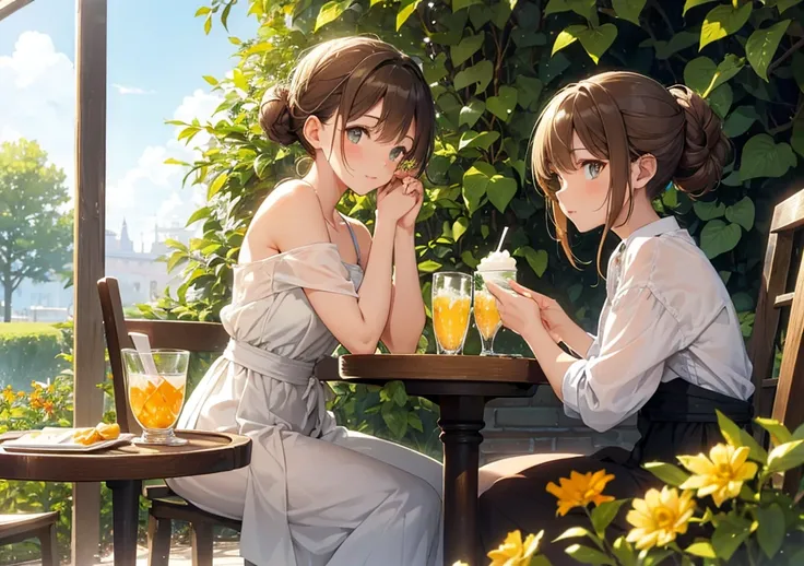 A beautiful girl with soft, light brown hair tied up in a loose, casual bun is seated at an elegant outdoor café, enjoying a refreshing granita served in a crystal glass. Her expression is light and cheerful, with a sparkle in her eyes as she lifts a small...