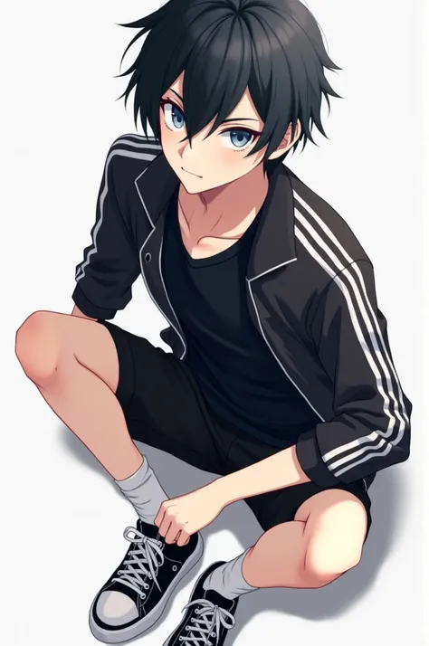 anime boy, black hair with strands in the front longer than those in the back, white and soft skin, her blue eyes with black gradient, of clothes brings black polo, black and white striped jacket, long black shorts with white sports socks and comvers sneak...