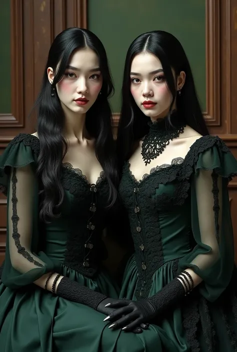 I need a portrait of two ladies.

Description of a vampire: Before you is a girl with long hair, with wavy dark hair. She is wearing an elegant dress with dark green and black elements.. Top of the dress with lace details, covers the neck, the sleeves are ...