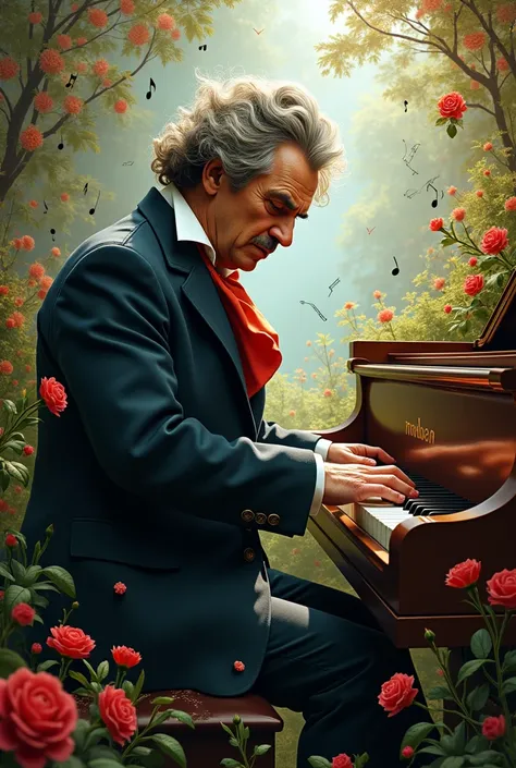 Generates image of Beethoven playing the piano, surrounds the background with musical staves, nature and give a lively and colorful look to the overall image.