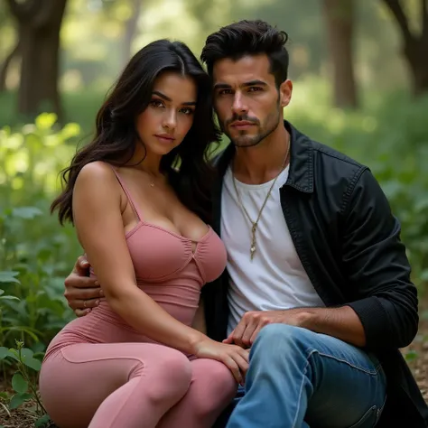 a beautiful woman from argentina, a handsome man from mexico, 1 couple, 1girl, 1man, beautiful detailed faces, vulptuous body, big breasts, a hot couple, playboy, girl wearing pink top and push up leggings, They have pale skin,He is looking at the camera, ...