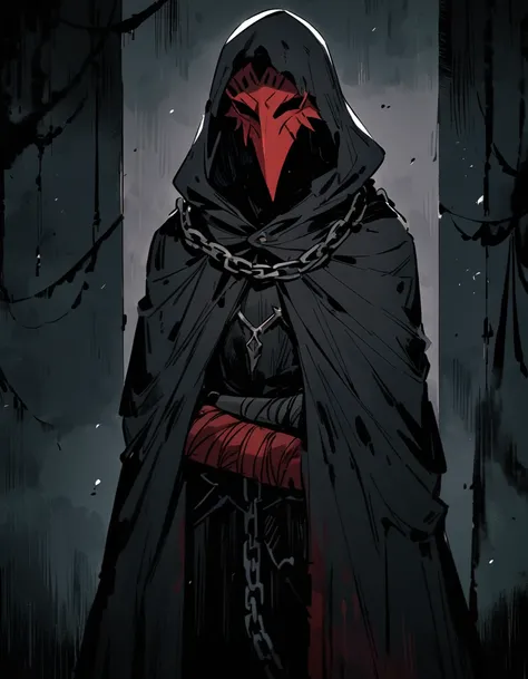 A man, wearing tattered dark clothing and cloak, with a hood, dark mask with long beak, red mask lenses. Chains wrapped around arms, arms with chains. A gloomy room.