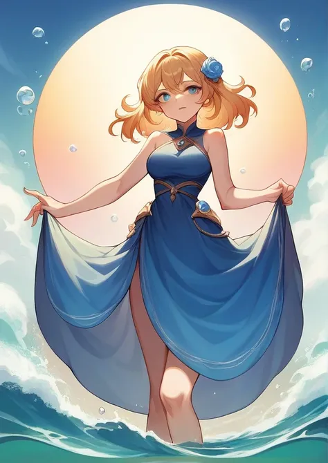 Girl goddess of water and ocean, Her eyes are blue like the ocean, her hair is like water and at the end is twisted and yellow in color, reminiscent of sea foam, She has a beautiful blue dress, the fabric of which flows like water, and light skin.. Waves s...