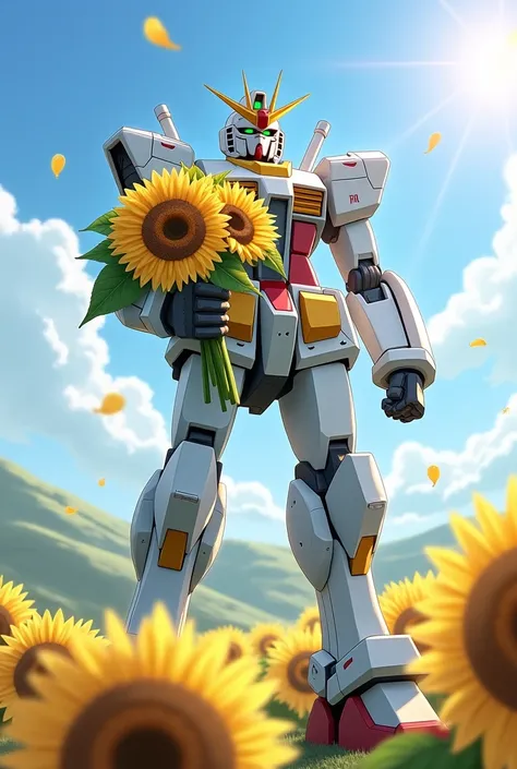 Gundam unicorn with bouquet of sunflowers 