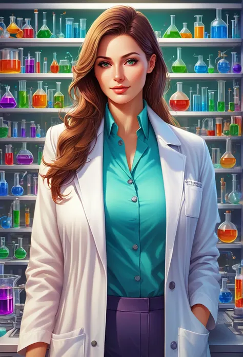 a woman full body, a woman chemist, professor of chemistry, wearing a white lab coat, in a colorful chemistry lab, substâncias c...