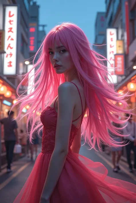 such, Kabukicho, Long hair blowing in the wind, pink hair, high definition, dress