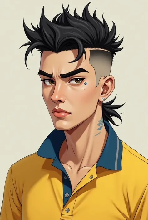 Make a white adult, no beard, black short wavy hair, mullet, with a drawing on the right eyebrow, and a design on the right side of the hair, shaved hair on the sides. Wearing a yellow polo shirt with a blue collar 