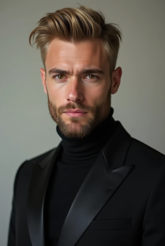 Young Caucasian man with blond hair and brown eyes, beard and marked jaw. wearing a black suit. ultra realistic, 4K 