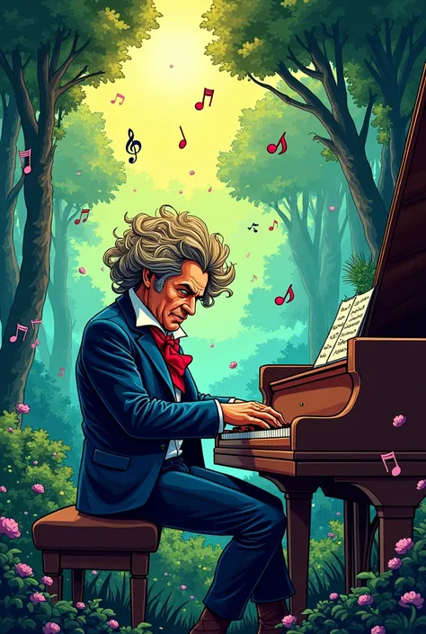 Generates a comic-like image of Ludwig Van Beethoven playing the piano, surround the background with musical notes, forest and give it a colorful and bright look