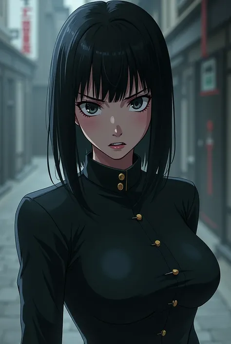 make me a girl from the Jujutsu kaizen universe wearing the Jujutsu academy uniform. straight black hair with bangs, black almond-shaped eyes and an angry face. anime 