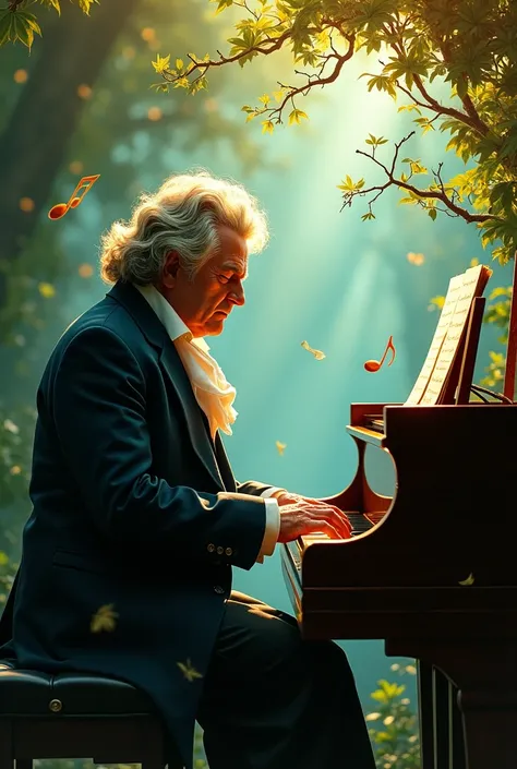 Generates image of Ludwig Van Beethoven playing the piano, surround the background with musical notes, forest and give it a colorful and bright look