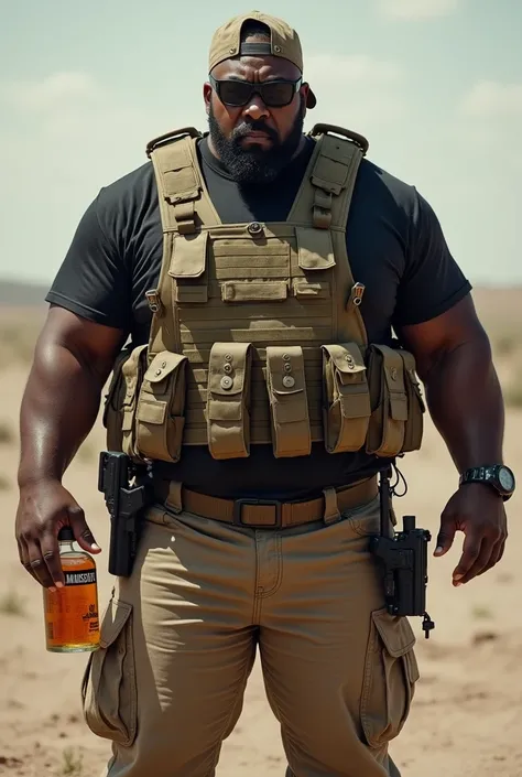 Rubber patch, overweight black soldier ,wearing sand colored tactical pants, black shirt and vest and with angry expression, with a backwards cap and sunglasses, a bottle of whiskey in hand, in the other a war radio communicator, gun on the belt 