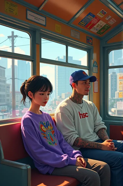 Create highly detailed and vivid scenes inside a vintage city bus. The focus is on a young woman with a serene expression, wearing an oversized purple sweater with an abstract pattern. He sat by the window, which reflected the view of the modern city outsi...