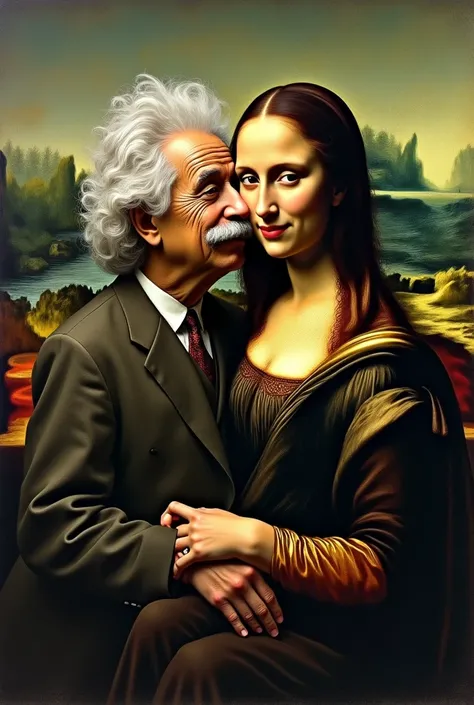 Albert Einstein kissing Mona Lisa