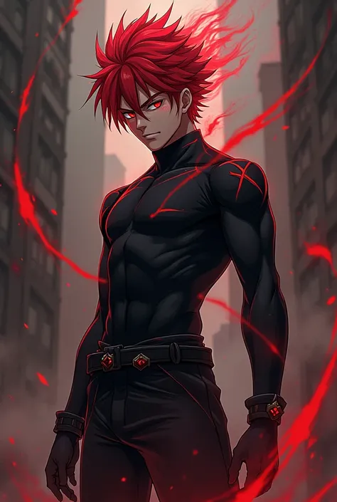 create a red-haired boy who wears black in anime style with domination powers in jujutsu kaisen style