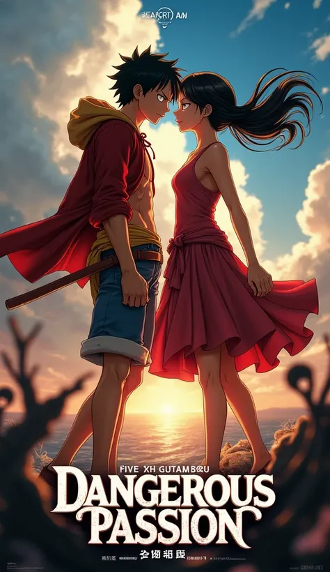 Dangerous Passion”
Prompt: “Create a movie blockbuster poster featuring Luffy (from One Piece) and Mikasa Ackerman (from Attack on Titan). Title: ‘Dangerous Passion’ should be large and prominently displayed. From the creators of [Film]. Rated 18+. In thea...