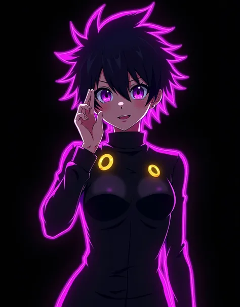 Anime-style character with spiky hair, outlined in bright neon purple, standing against a pitch-black background. The characters pose is dynamic, with one hand raised in front of their face, fingers in a gesture, and the other hand positioned near their wa...