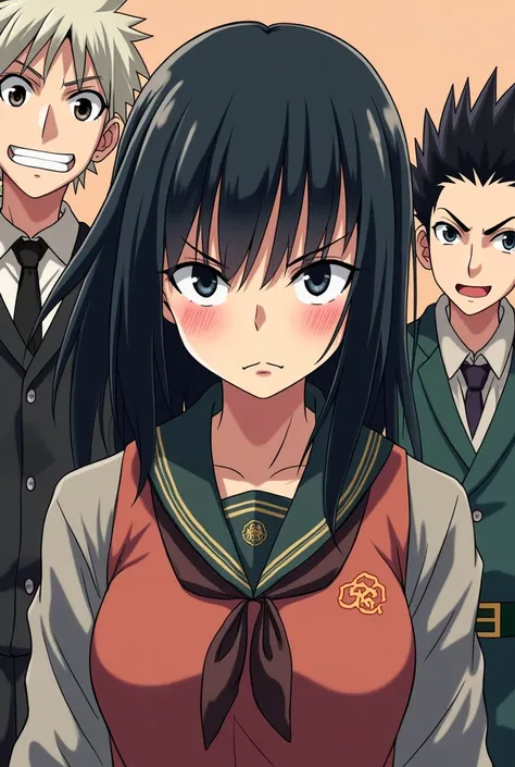 make me a girl from the Jujutsu kaizen universe wearing the Jujutsu academy uniform. straight black hair with bangs, black longe almond-shaped eyes and an angry face. anime .on the side is Gojo Satoru laughing and annoying me 