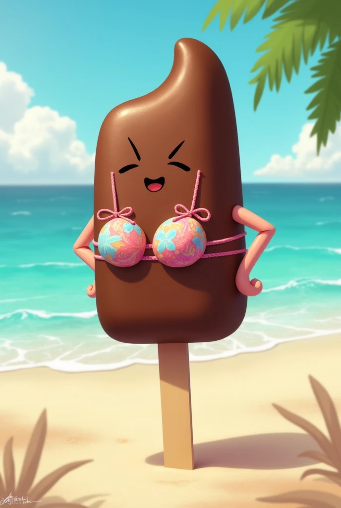 An ice cream on a stick, chocolate, wearing a bikini